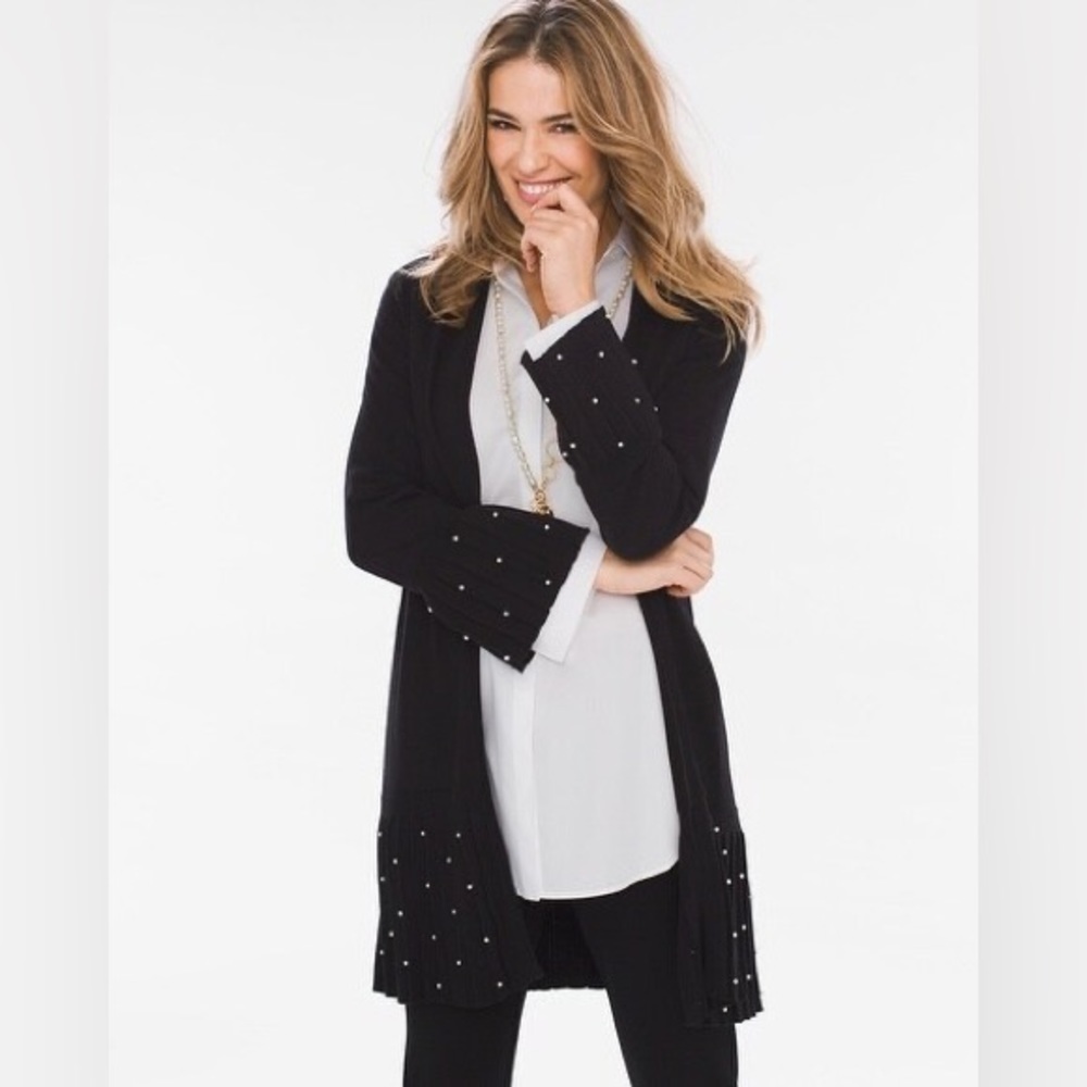 NWT Chico’s Faux Pearl Embellished Pleat Sweater in Black SZ S Timeless Elegance